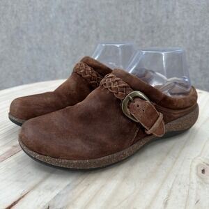 Aetrex Libby Brown Suede Braided Buckle Mules 7.5 Comfort Slip On Clogs Shoes